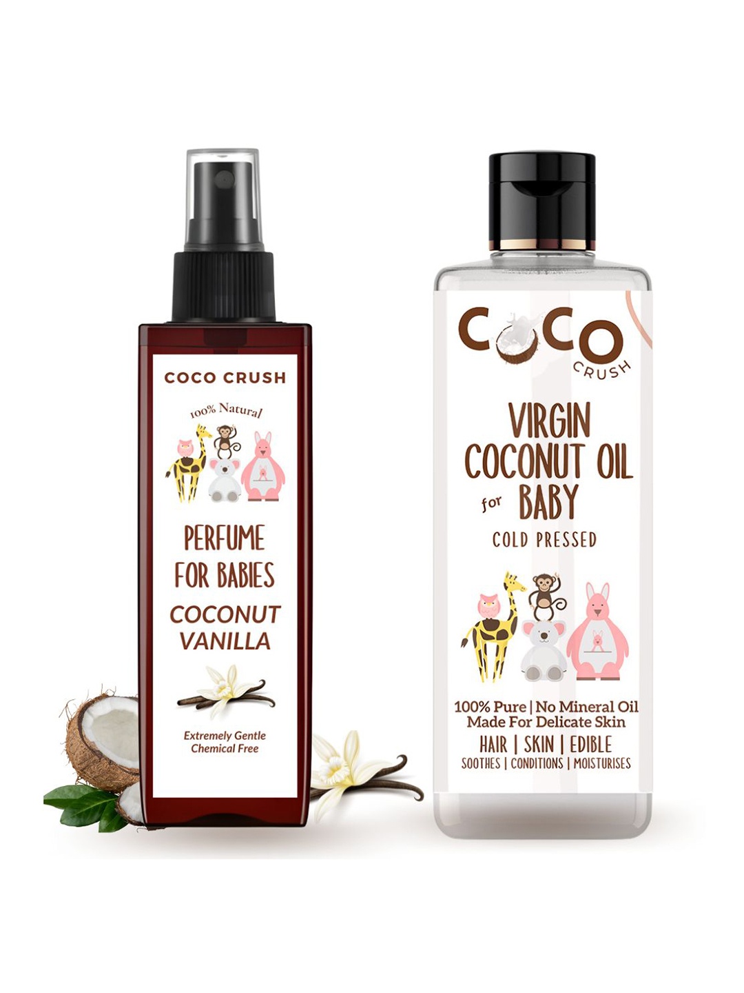 

Coco Crush Set Of 2 Natural & Virgin Coconut Oil 50 ml & Gentle Perfume For Babies-100 ml, Transparent