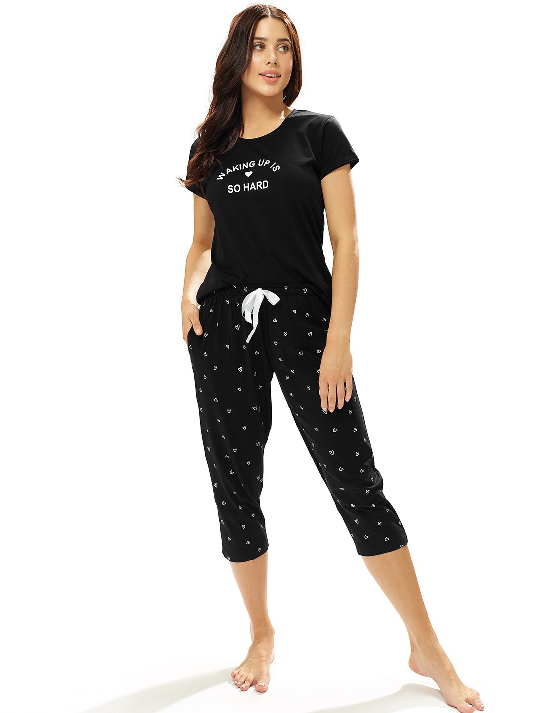 

Lotik Women Printed Round Neck Night suit, Black