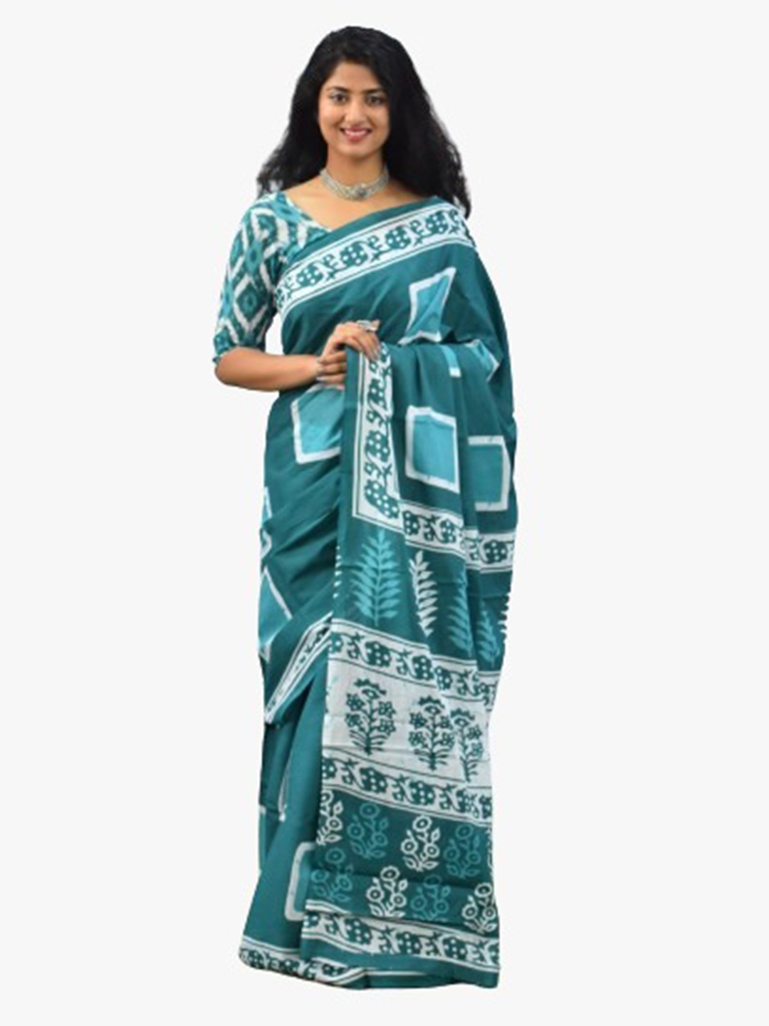 

clothonus Printed Pure Cotton Saree, Turquoise blue