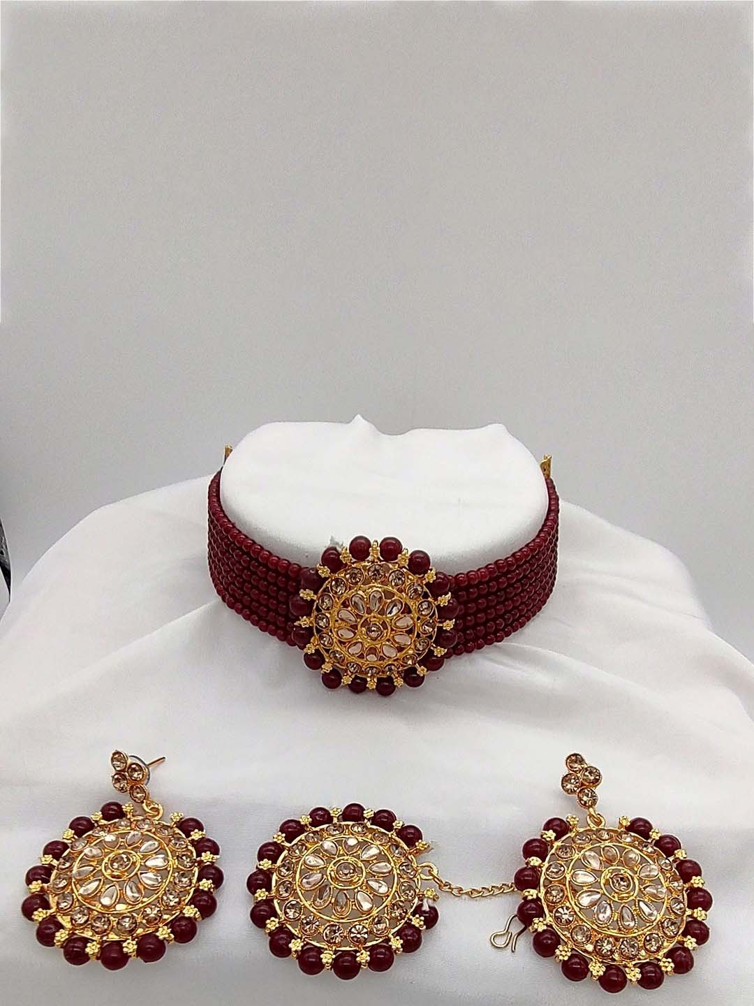 

JMBW INTERNATIONAL Gold Plated Necklace & Earrings With Maang Tika, Maroon