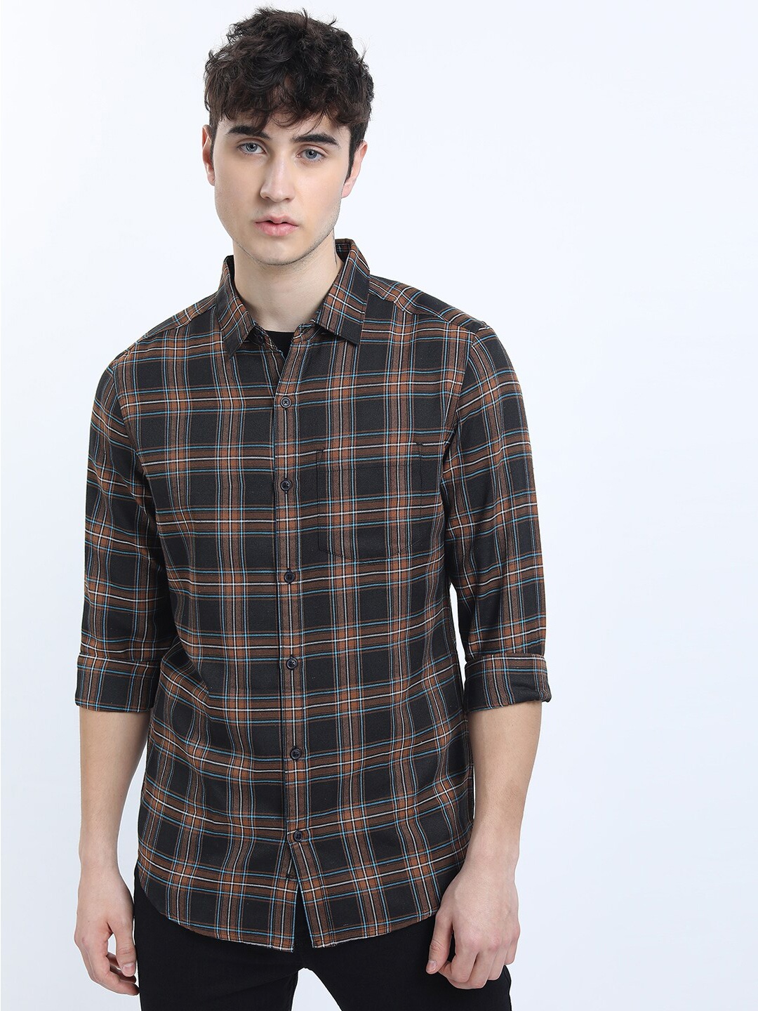 

KETCH Men Black Slim Fit Tartan Checks Checked Casual Shirt