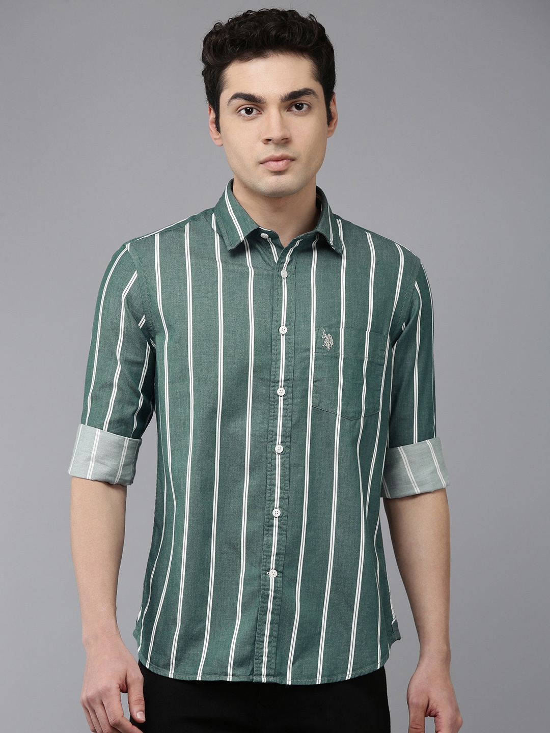 

U.S. Polo Assn. Pure Cotton Tailored Fit Striped Casual Shirt, Green