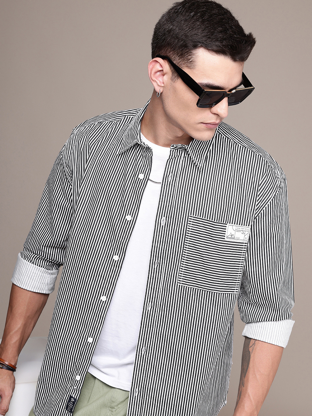 

The Roadster Life Co. Pure Cotton Relaxed Fit Striped Casual Shirt, Black