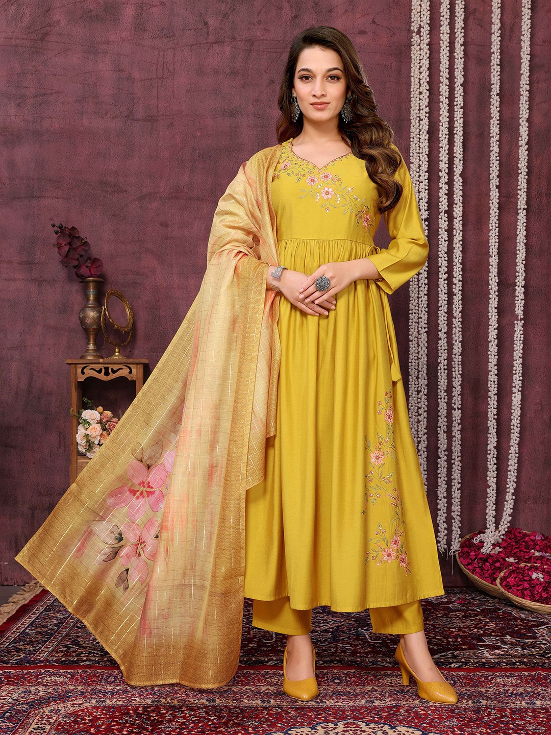 

Gee Next Creation Floral Embroidered Thread Work Anarkali Kurta With Trousers & Dupatta, Mustard