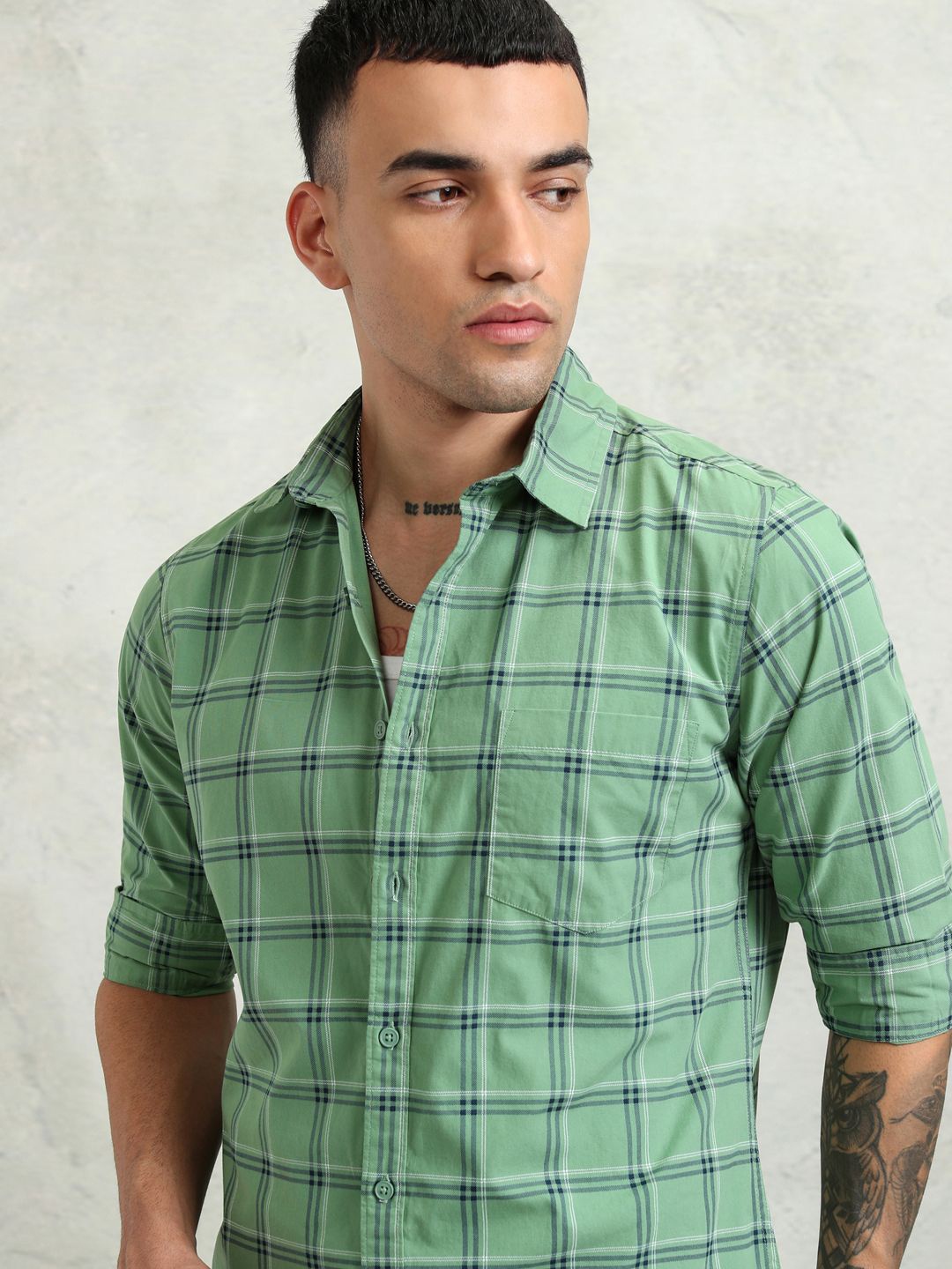 

Ketch Men Checks Slim Fit Shirt, Green