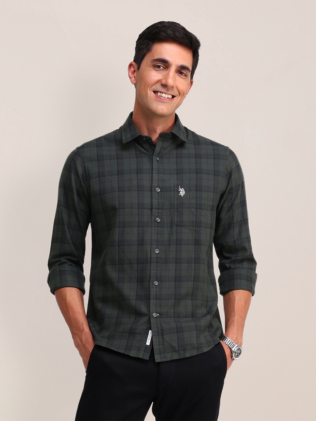 

U.S. Polo Assn. Pure Cotton Tailored Fit Checked Casual Shirt, Olive