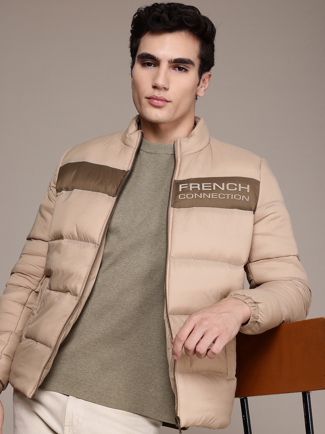 

French Connection Brand Logo Printed Puffer Jacket, Beige