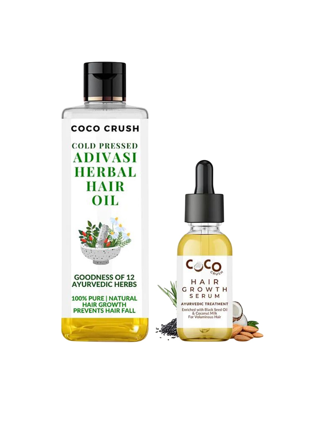 

Coco Crush Set Of 2 Cold Pressed Adivasi Herbal Hair Oil-200ml & Ayurvedic Hair Serum-30ml, Transparent