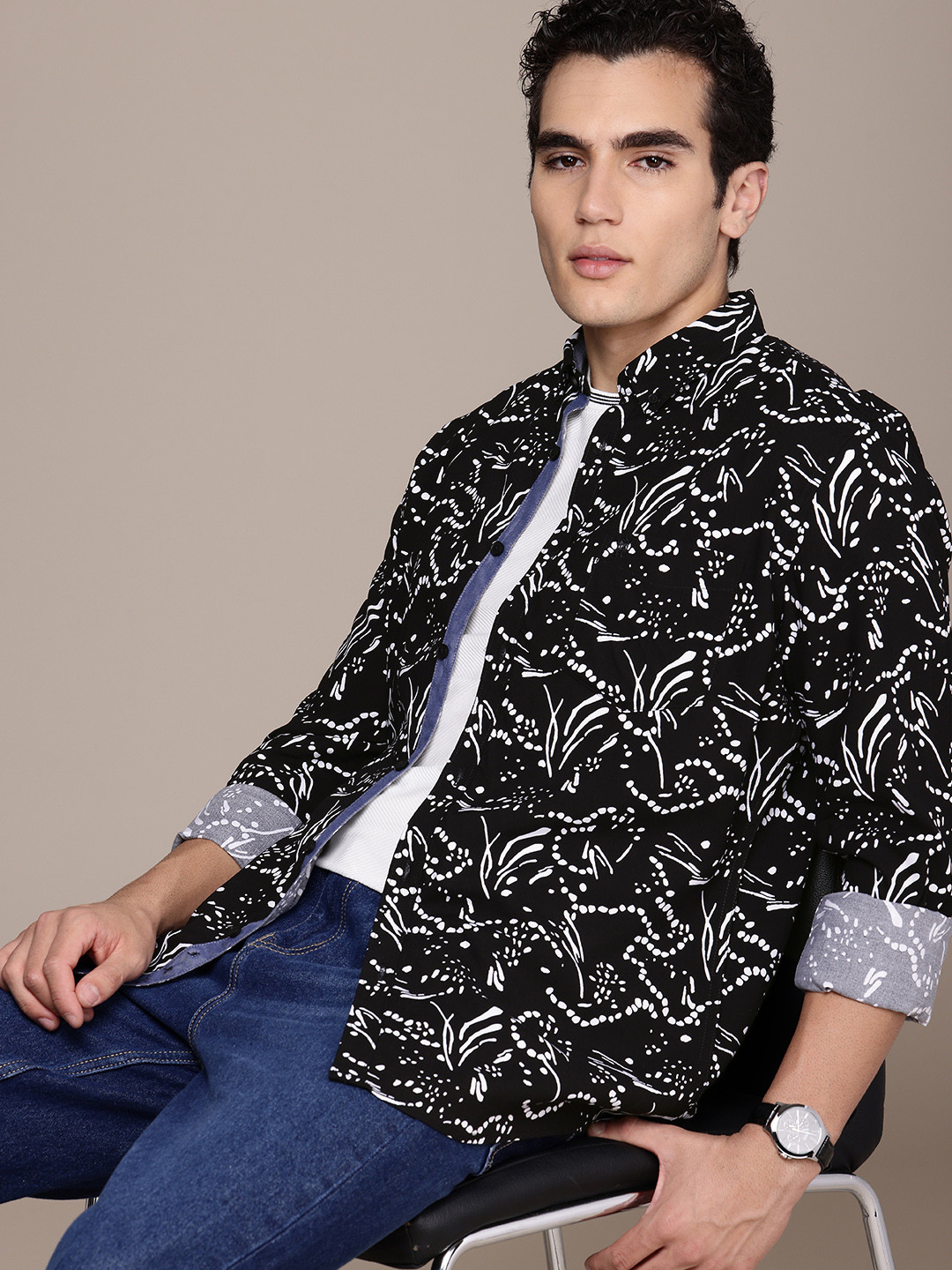 

French Connection Slim Fit Abstract Printed Casual Shirt, Black