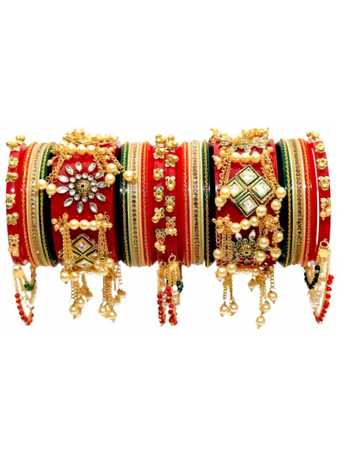 

Zindura Set Of 2 Gold-Plated Stone Studded & Pearls Beaded Chuda Bangles