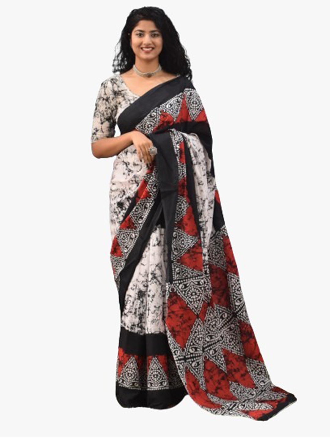 

TROPWEAR Red Pure Cotton Ikat Saree, White