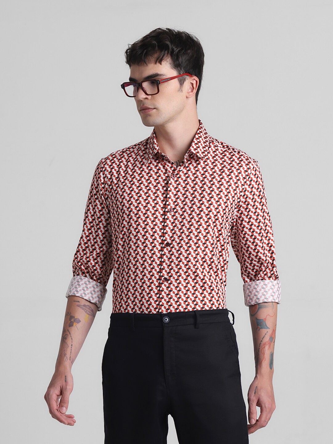 

Jack & Jones Slim Fit Geometric Printed Long Sleeves Casual Shirt, Red