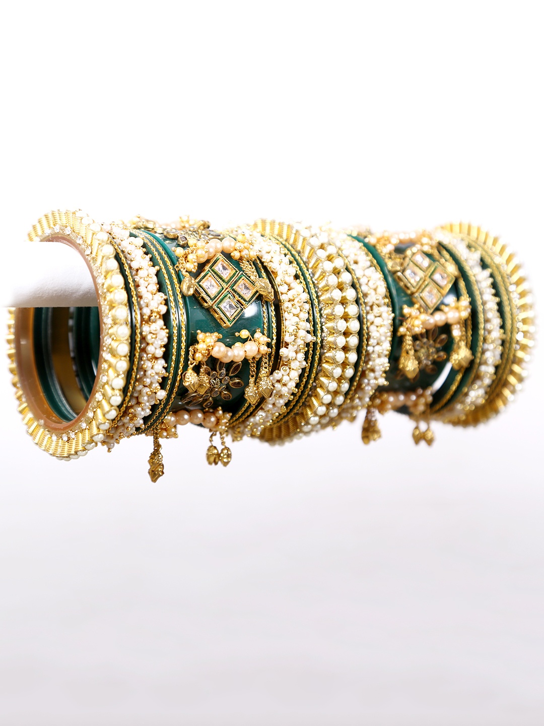 

Zindura Set Of 2 Gold-Plated Stones-Studded & Pearls-Beaded Chuda Bangles