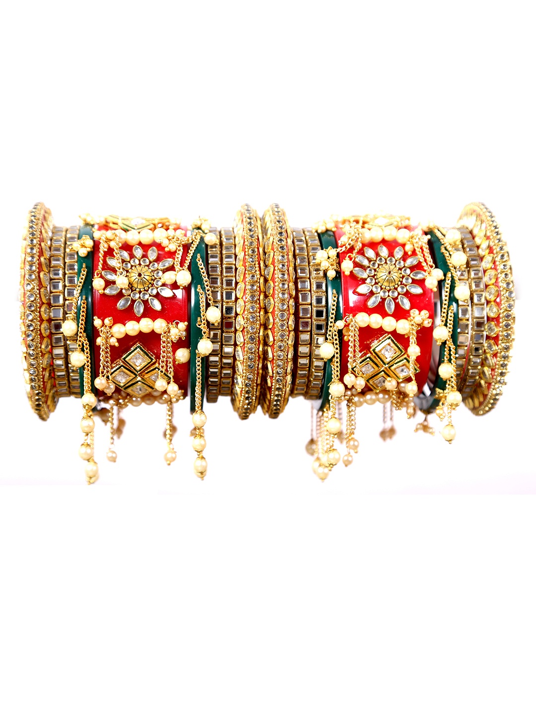 

Zindura Set Of 2 Gold-Plated Stones-Studded & Pearls-Beaded Chuda Bangles