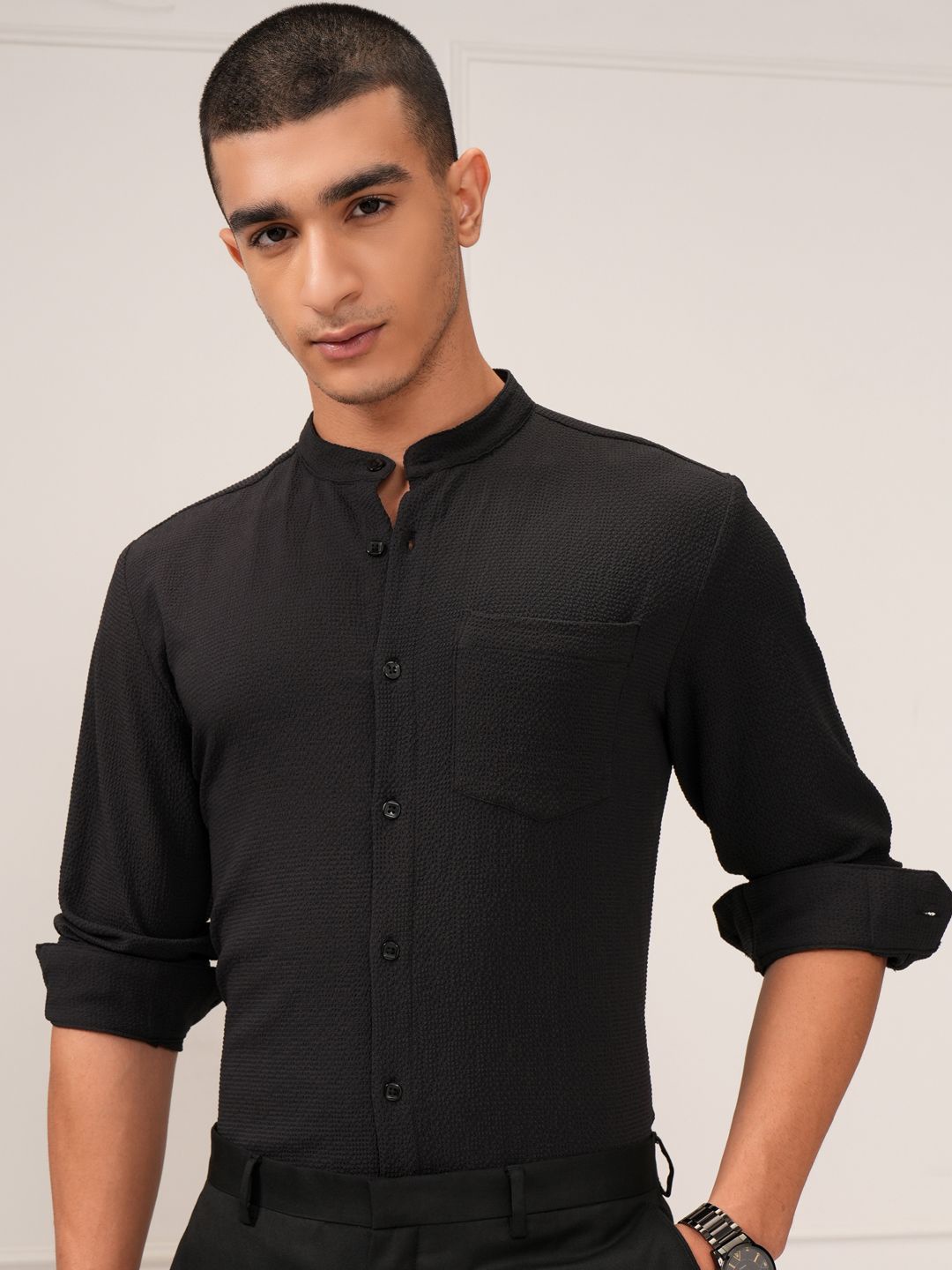 

KETCH Men Textured Mandarin Collar Slim Fit Casual Shirt, Black