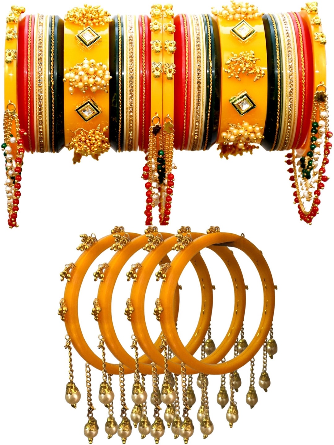 

Zindura Set of 2 Gold Plated Stone Studded & Beaded Chudas Bangles