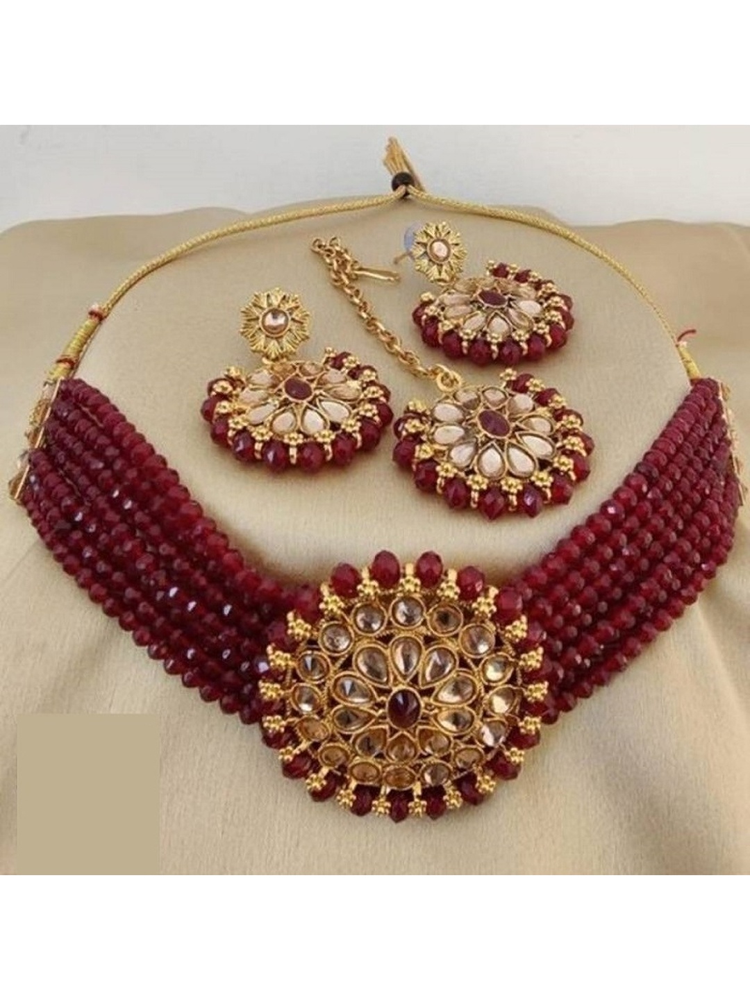 

JMBW INTERNATIONAL Beaded Layered Choker & Earrings with Maang Tika, Maroon