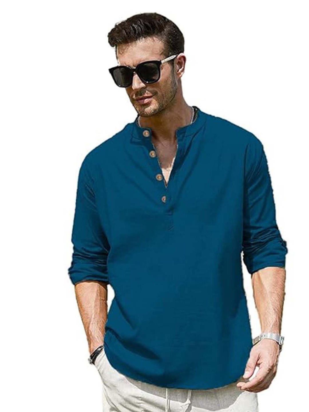 

EdinWolf Band Collar Roll-Up Sleeves Cotton Curved Kurta, Teal