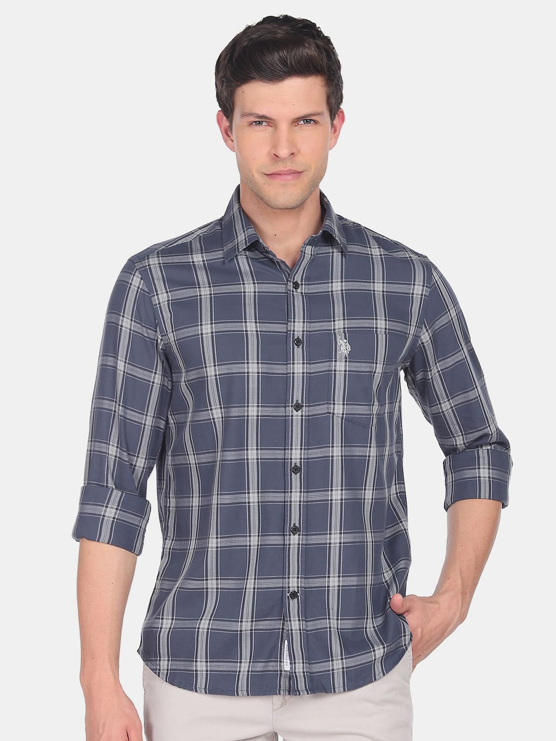 

U.S. Polo Assn. Men Windowpane Checks Checked Casual Shirt, Grey