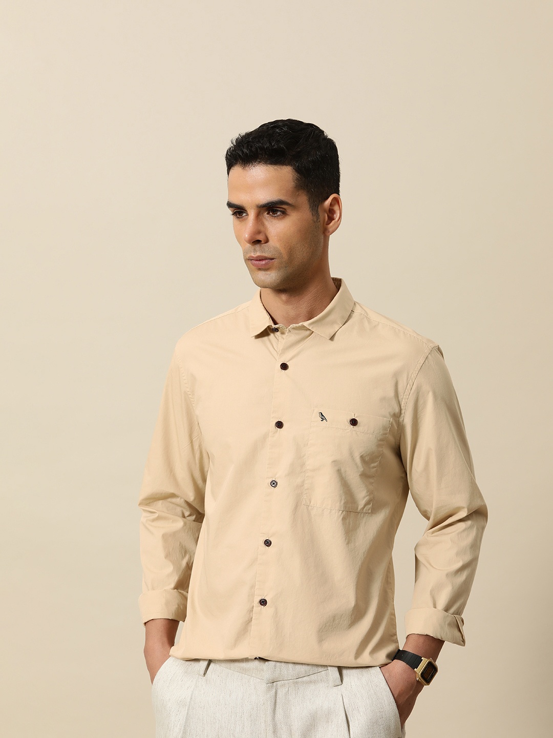 

Mr Bowerbird Men Pure Cotton Tailored Fit Spread Collar Casual Shirt, Beige