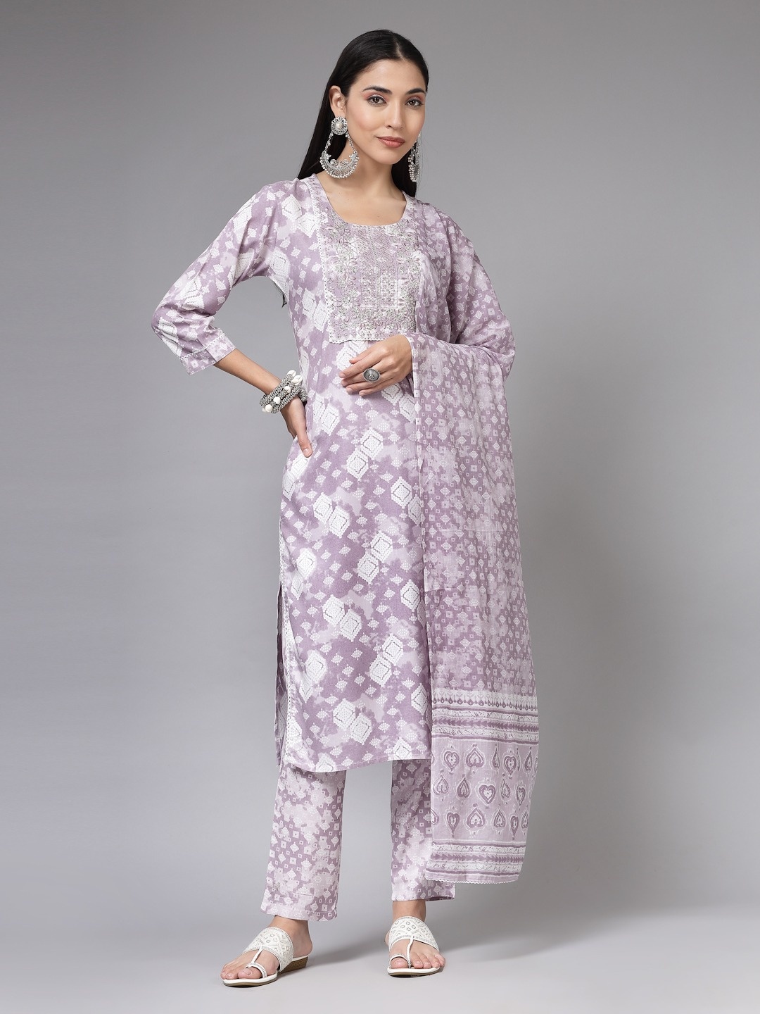 

KALINI Geometric Printed Round Neck A-Line Kurta With Trousers & Dupatta, Purple