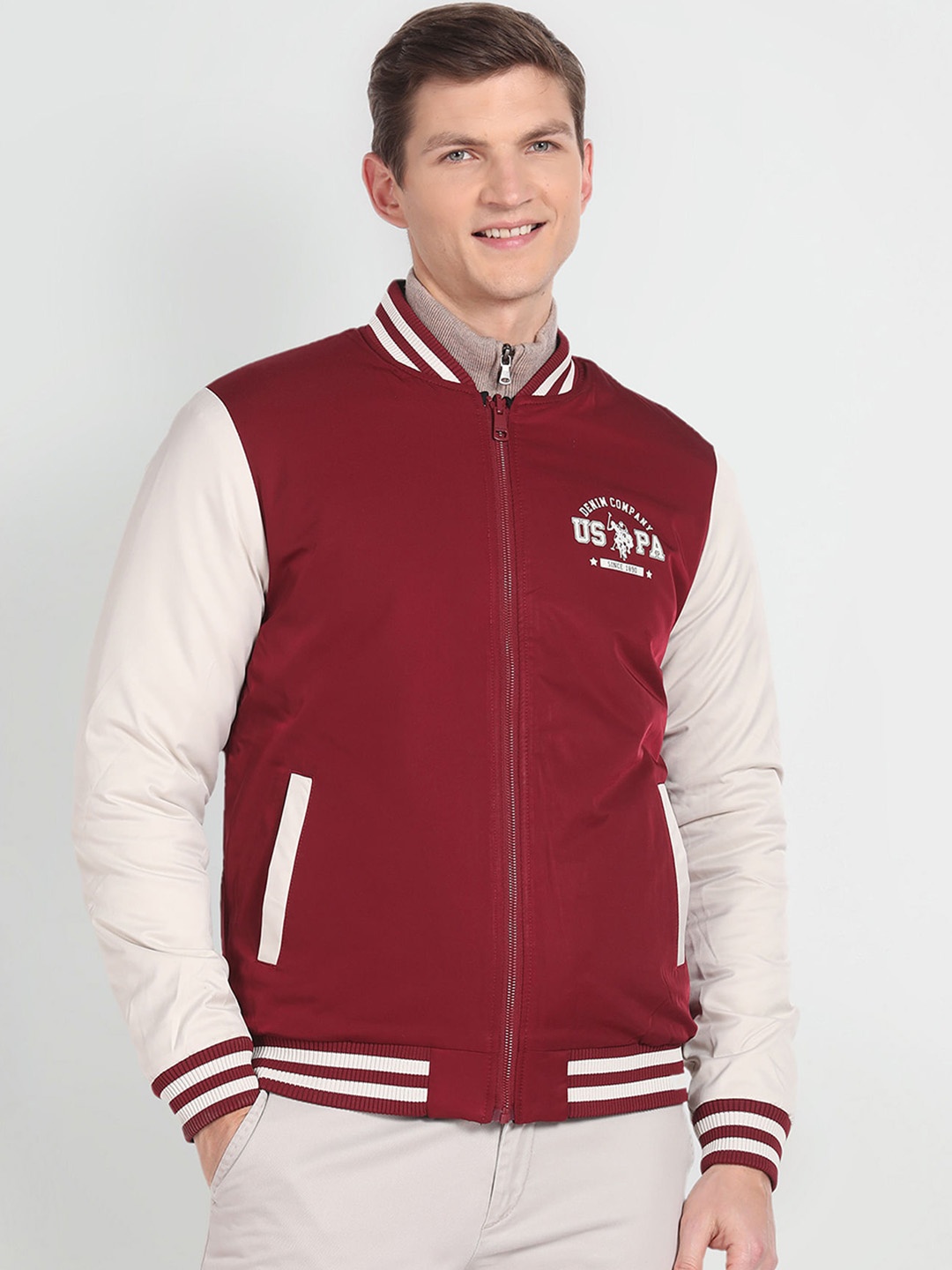 

U.S. Polo Assn. Denim Co. Stand Collar Bomber Jacket, Maroon