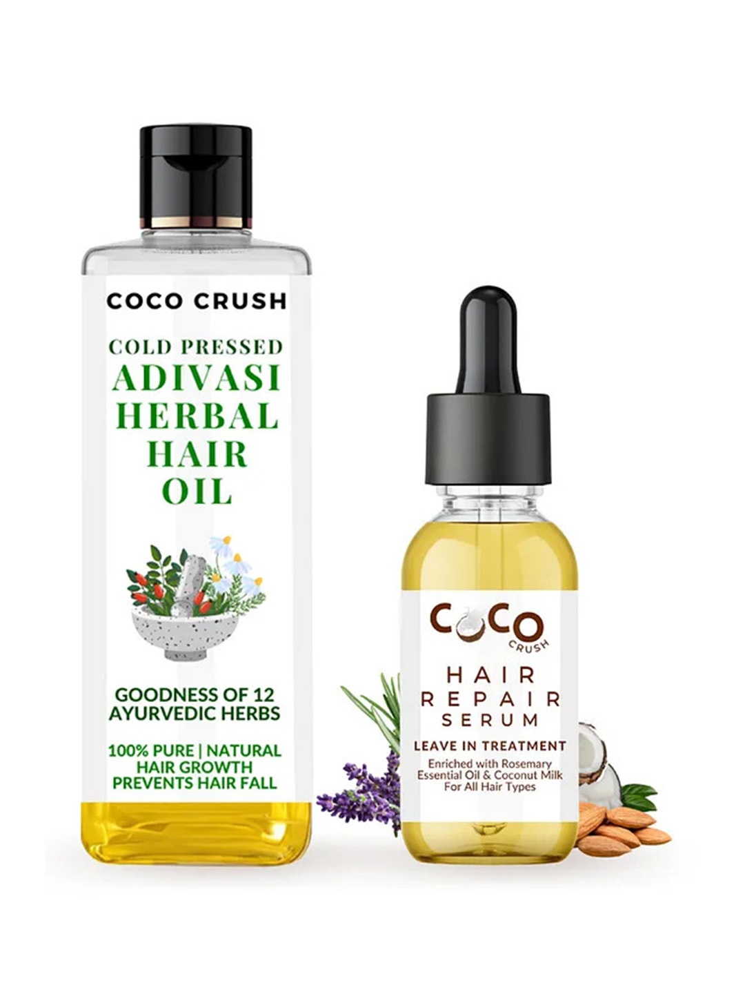 

Coco Crush Set Of 2 Cold Pressed Adivasi Herbal Hair Oil- 200ml & Hair Repair Serum- 15ml, Transparent
