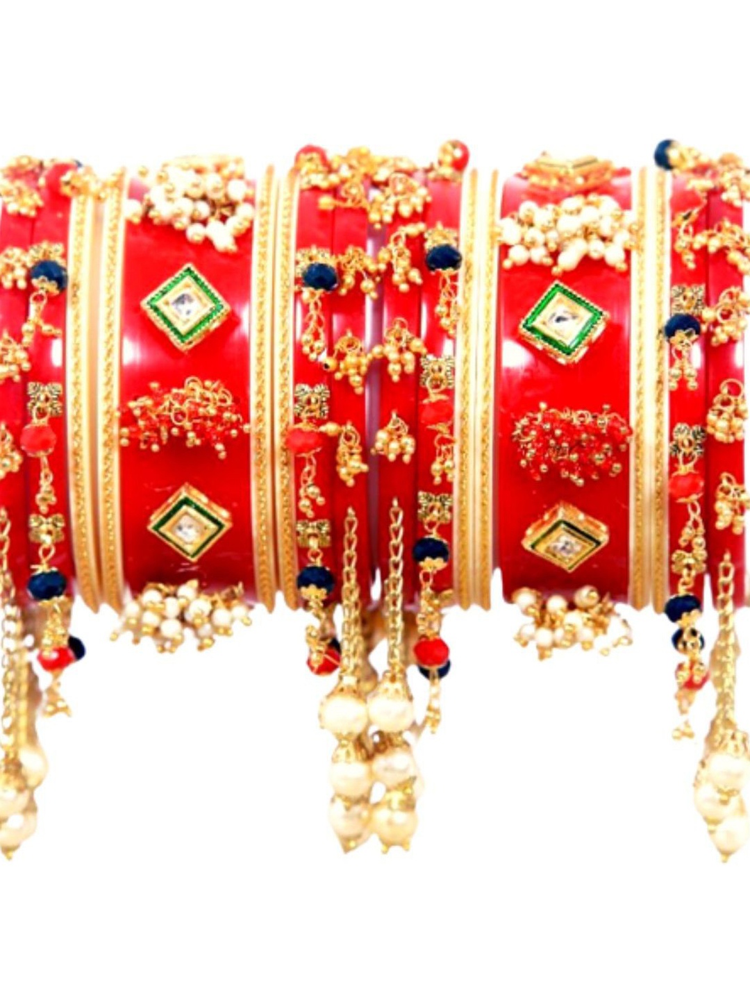 

Zindura Set Of 2 Gold Plated Crystal Studded & Artificial Beads Beaded Chuda Bangles, Red