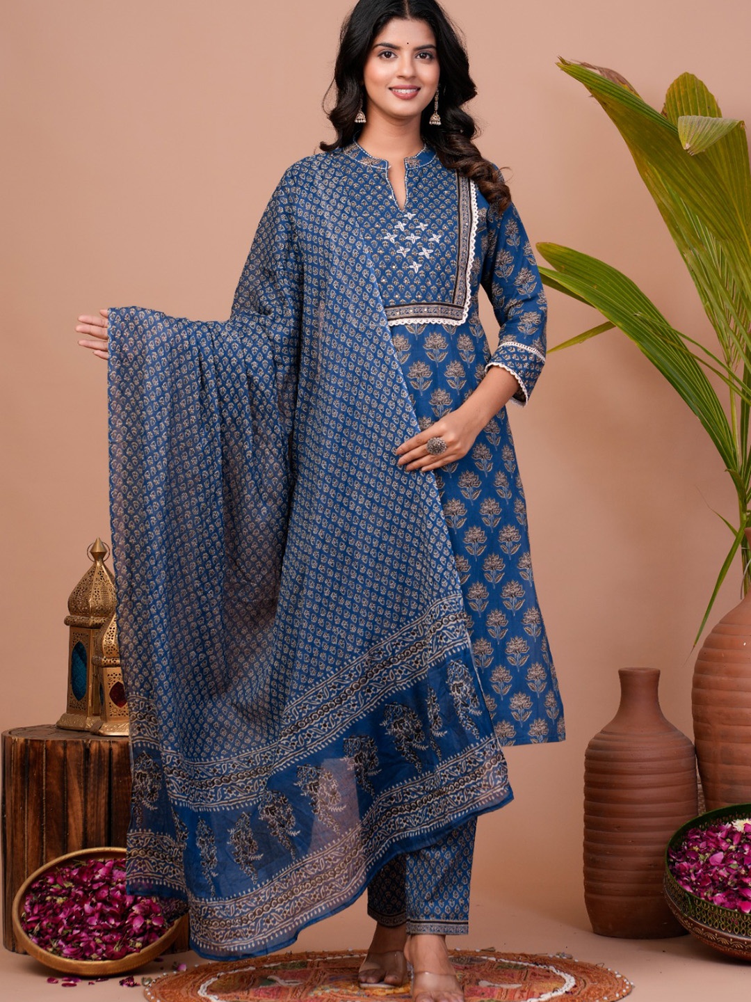 

KALINI Women Floral Printed Regular Gotta Patti Pure Cotton Kurta with Trousers & With Dupatta, Blue