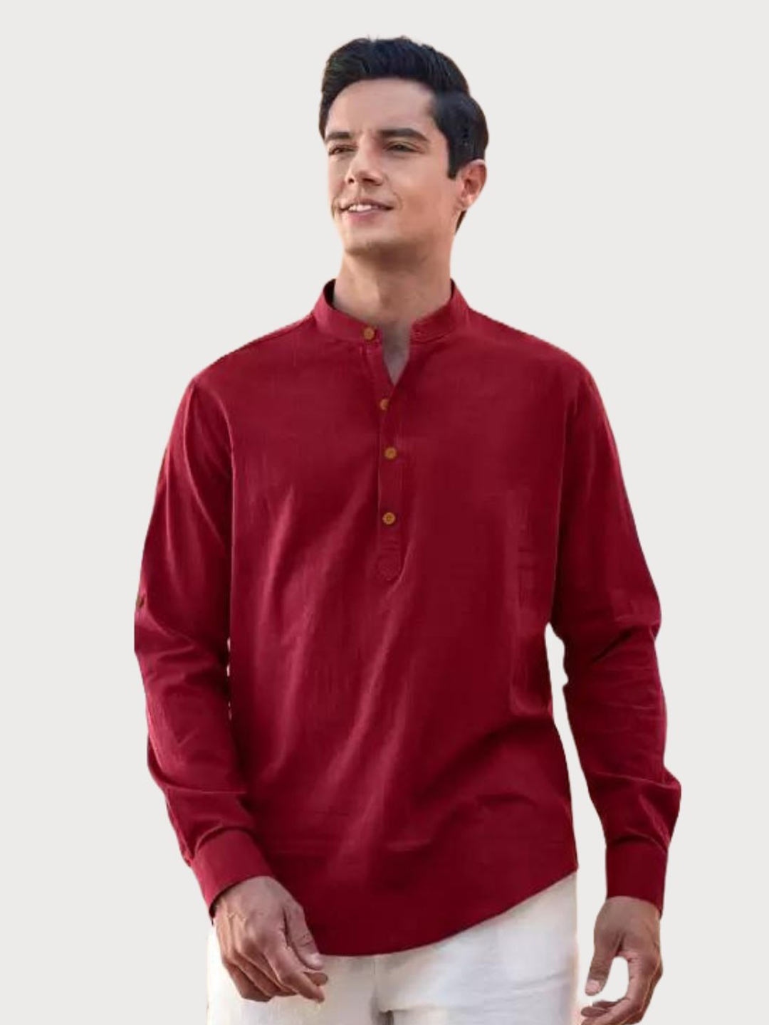 

LIFE ROADS Mandarin Collar Roll-Up Sleeves Cotton Straight Short Kurta, Maroon