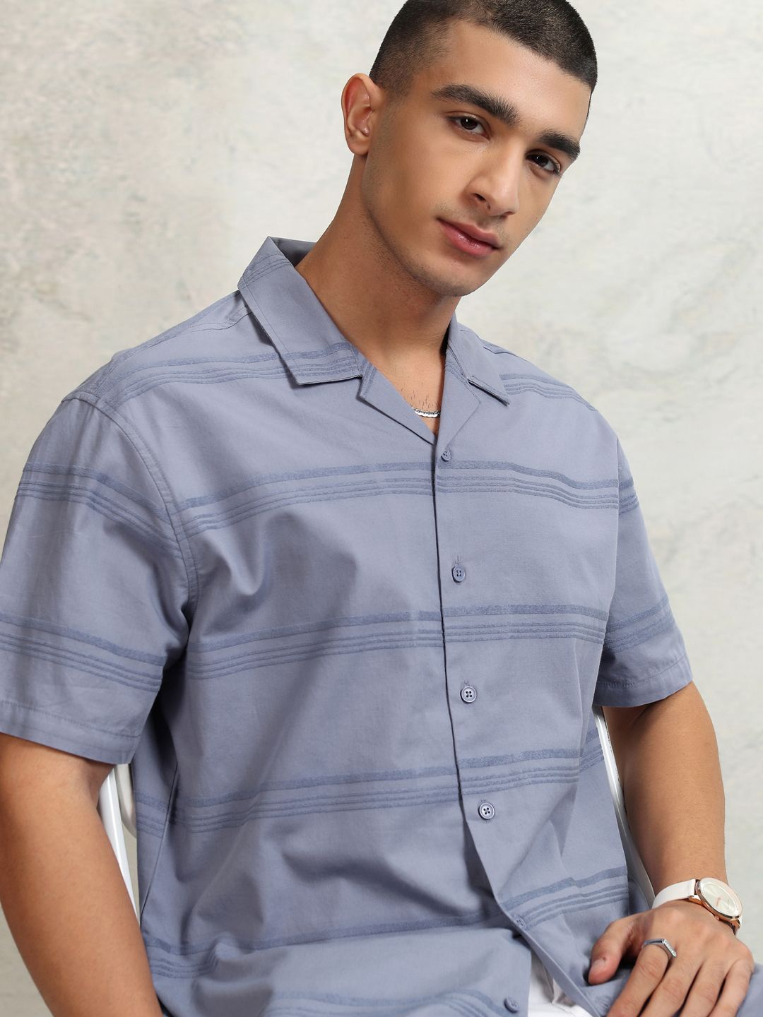 

HIGHLANDER Men Chenille Yarn Dobby Textured Cuban Collar Relaxed Fit Shirt, Blue