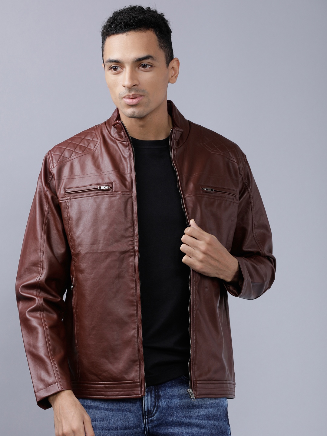 

HIGHLANDER Men Burgundy Solid Leather Jacket