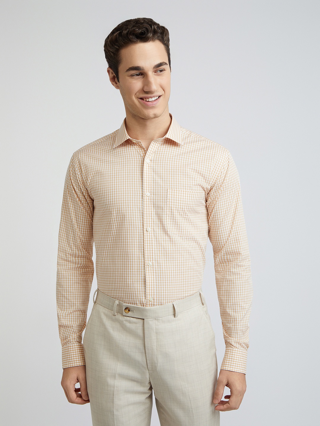 

Park Avenue Pure Cotton Slim Fit Gingham Checked Formal Shirt, Beige