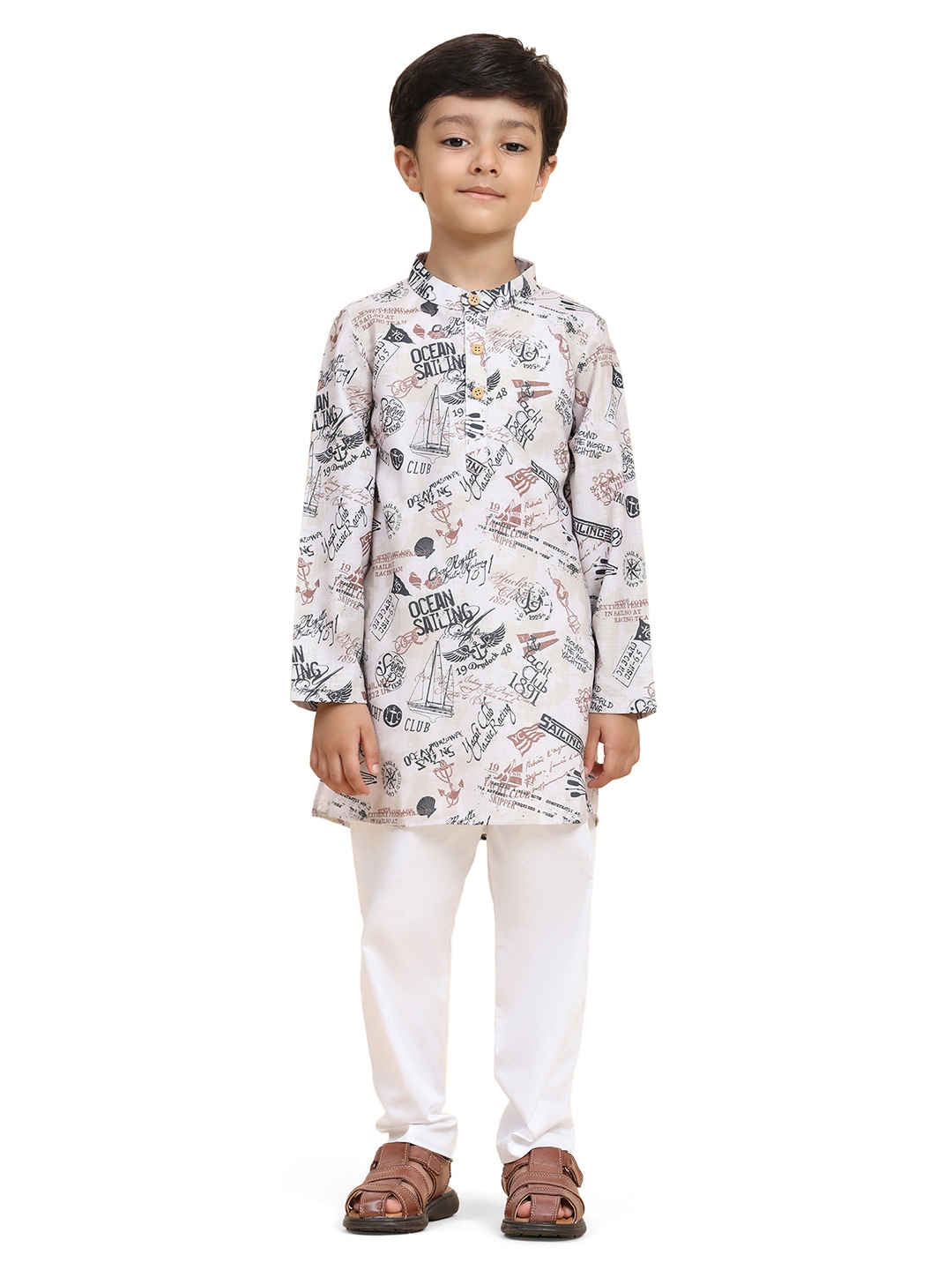 

Funny Bones Clothings Boys Quirky Printed Mandarin Collar Linen Straight Kurta With Pyjama, White