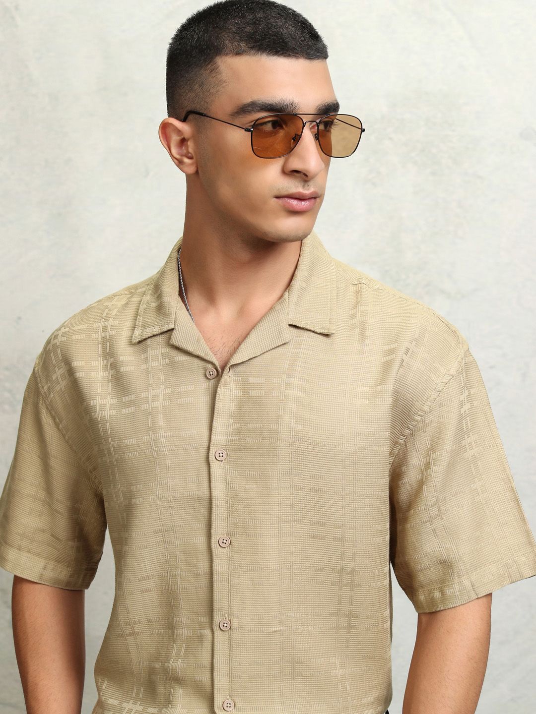 

HIGHLANDER Men Cuban Collar Solid Cotton Oversized Casual Shirt, Beige