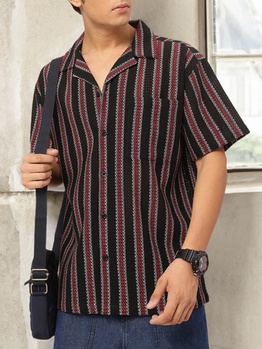 

Kook N Keech Cozy-Classic Cuban Collar Open Knitted Stripe Shirt, Black