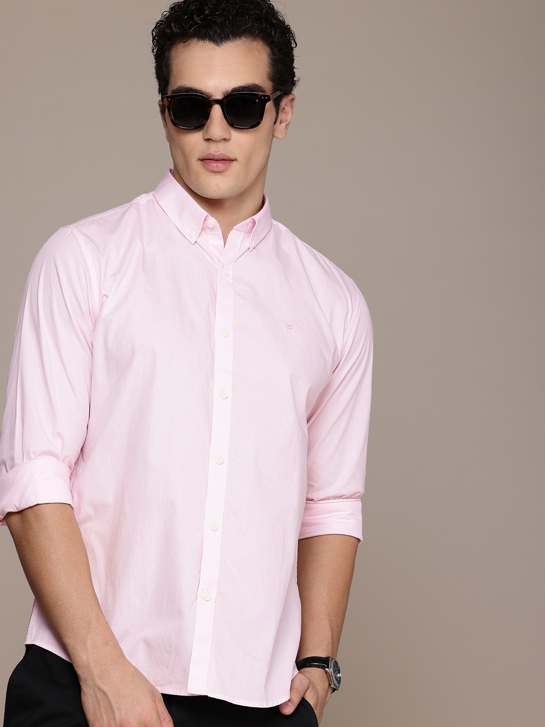 

French Connection Pure Cotton Slim Fit Button-Down Collar Casual Shirt, Pink