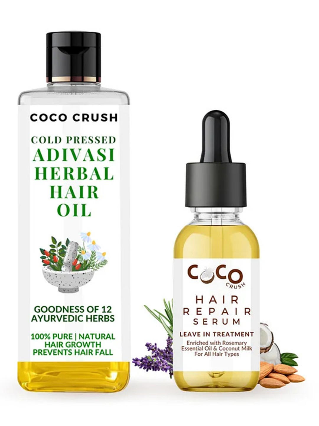 

Coco Crush Set Of 2 Cold Pressed Adivasi Herbal Hair Oil - 50ml & Hair Repair Serum- 30ml, Transparent
