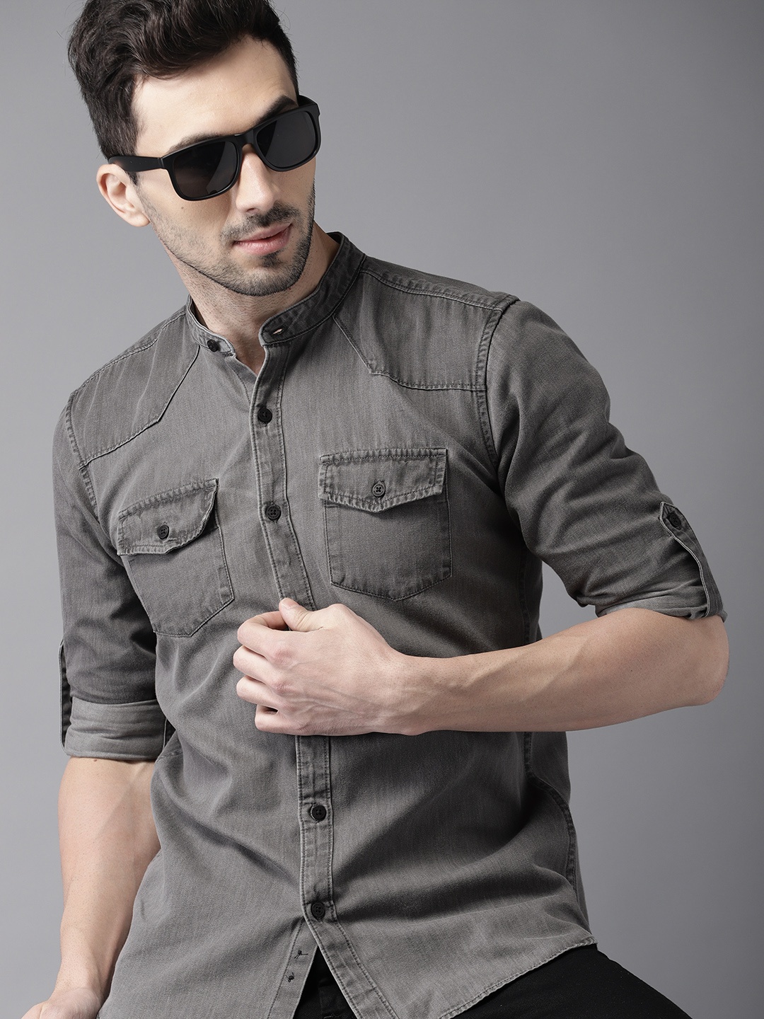 

HERE&NOW Men Grey Slim Fit Denim Casual Shirt