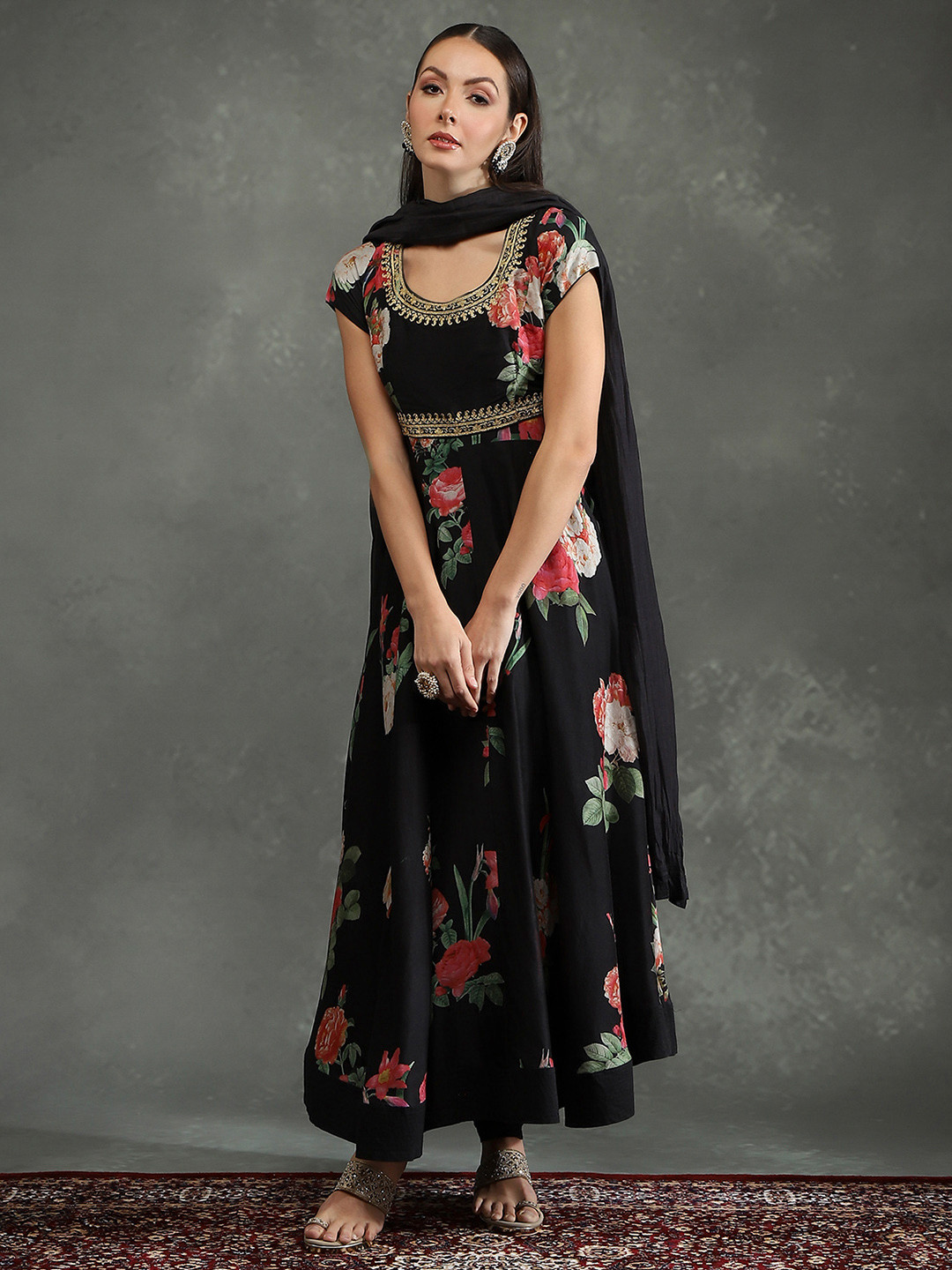 

Biba Floral Printed Chanderi Silk Kurta with Churidar & Dupatta, Black