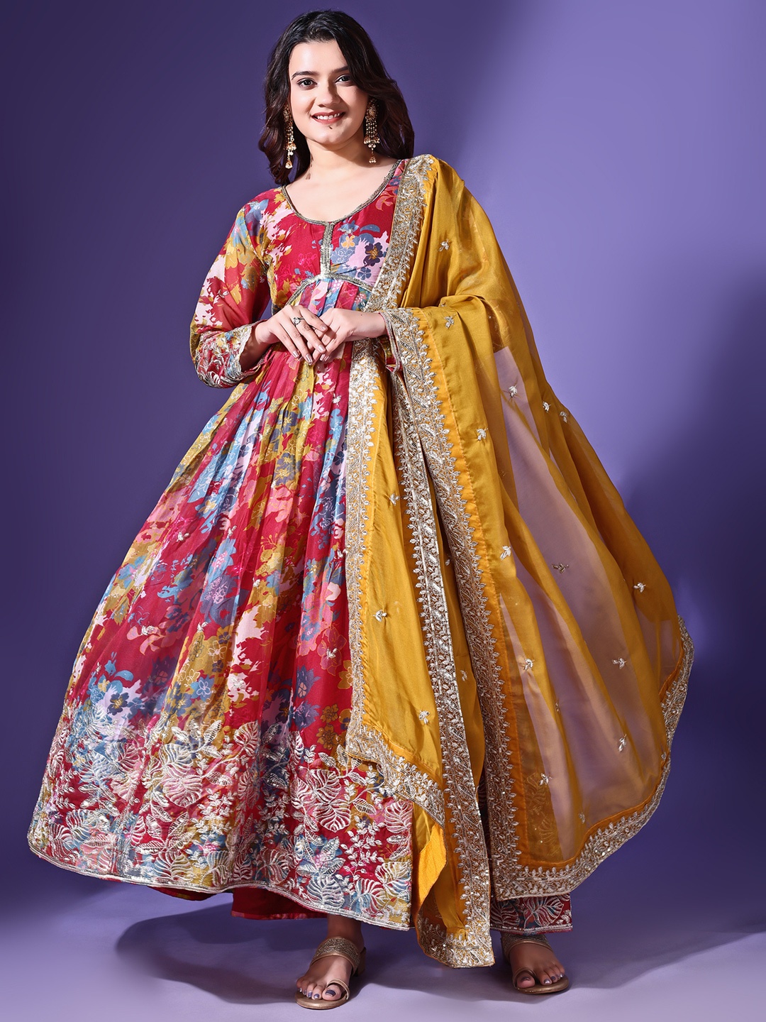 

KALINI Floral Printed Georgette Anarkali Kurta, Pink