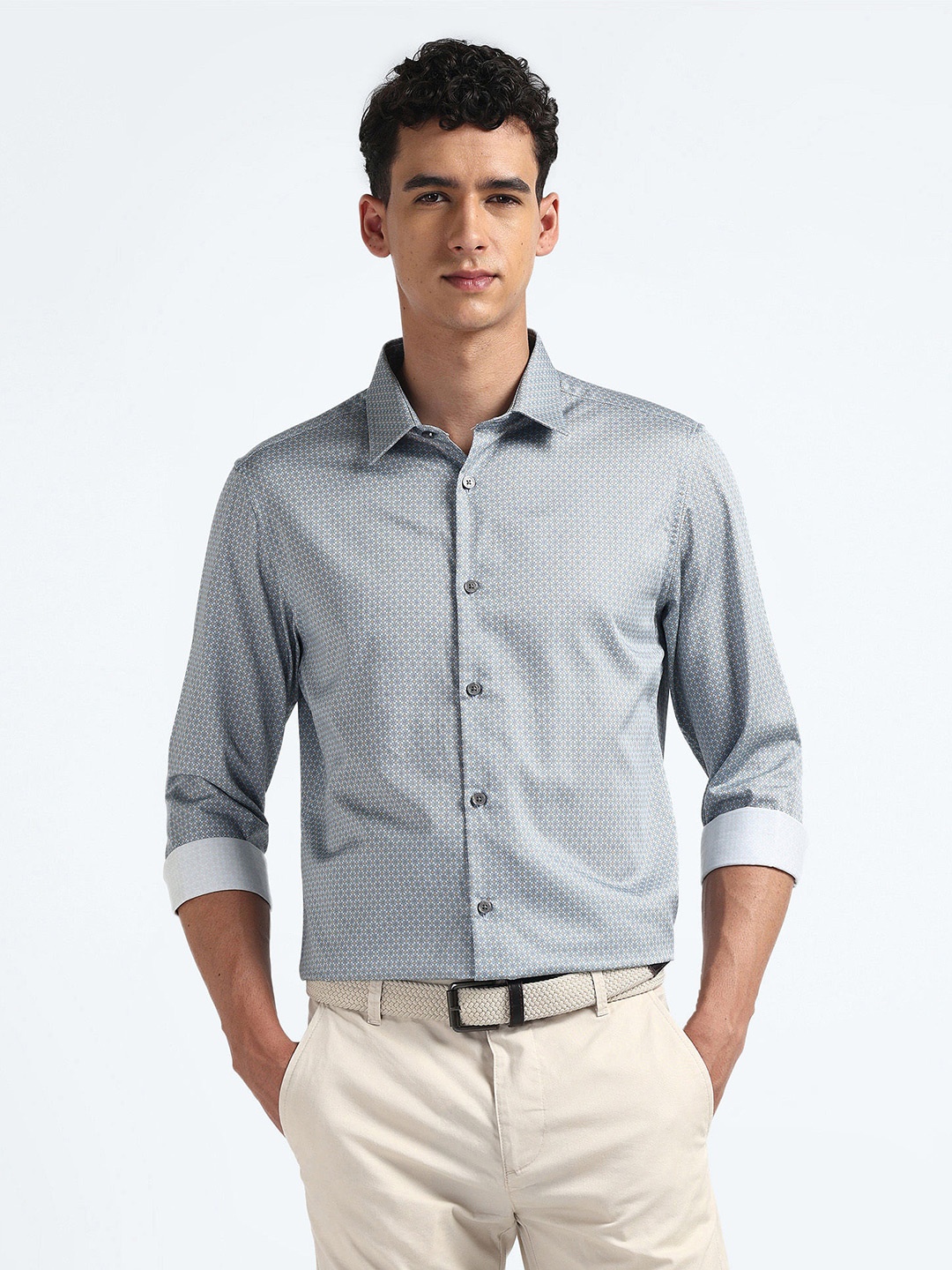 

Flying Machine Geometric Printed Spread Collar Slim Fit Cotton Casual Shirt, Blue