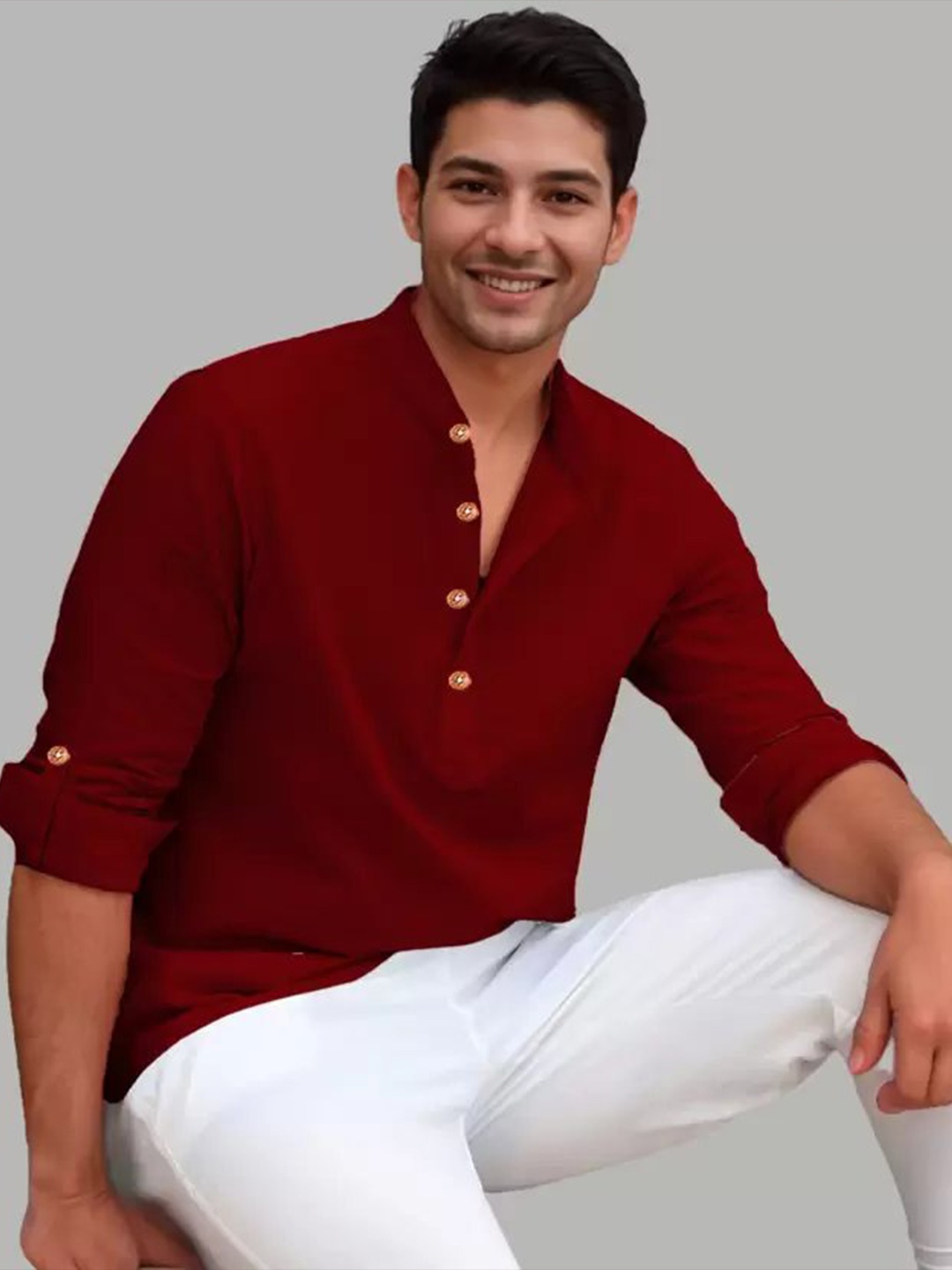 

LIFE ROADS Mandarin Collar Roll-Up Sleeves Wrinkle Free Pure Cotton Straight Short Kurta, Maroon