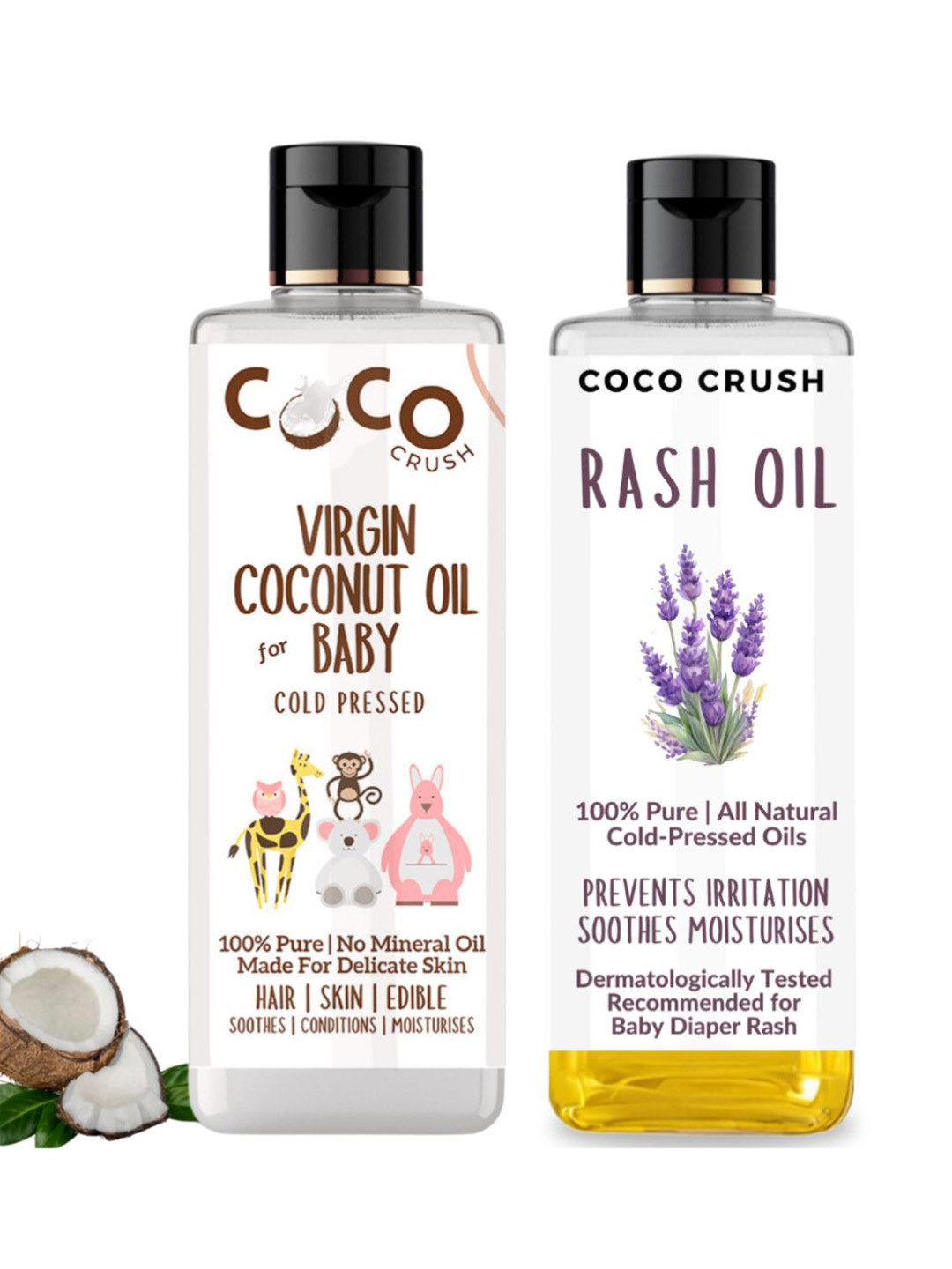 

Coco Crush Set Of 2 Natural & Virgin Coconut Oil - 50 ml & Rash Oil For Babies- 200 ml, Transparent