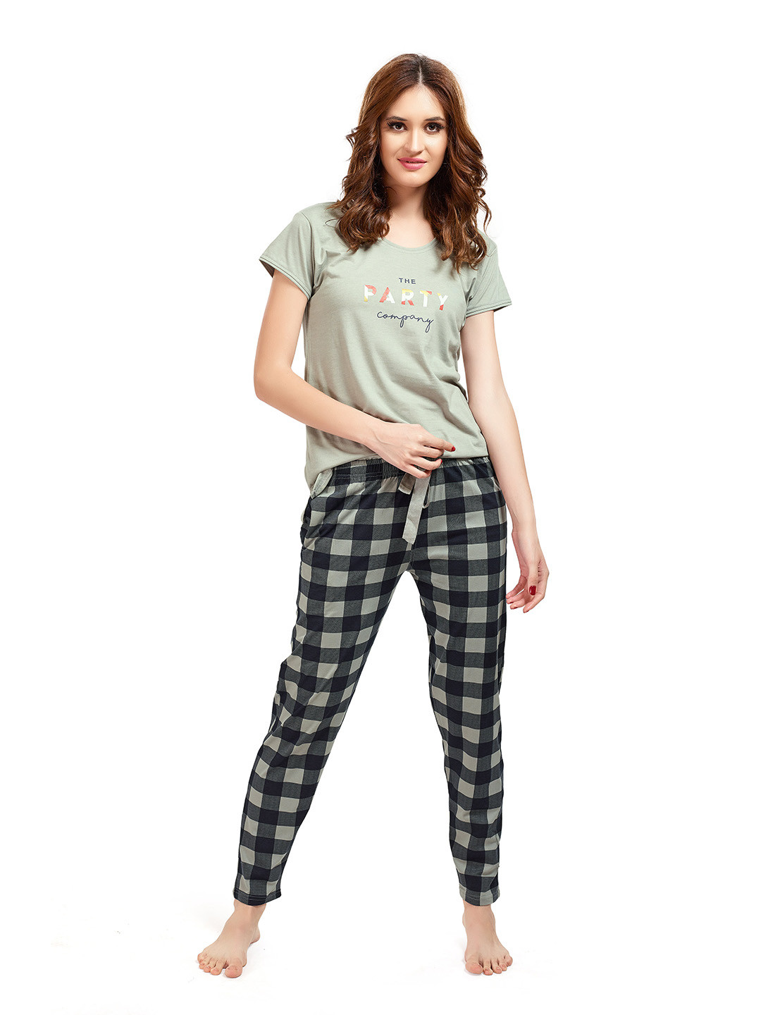 

Lotik Women Checked Round Neck Short Sleeves Night suit, Grey