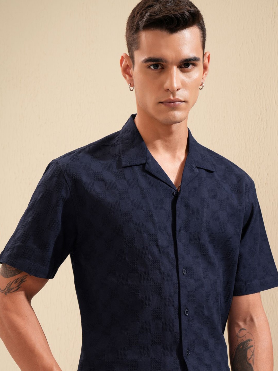 

Highlander Men Dobby Textured Solid Cuban Collar Relaxed Shirt, Navy blue