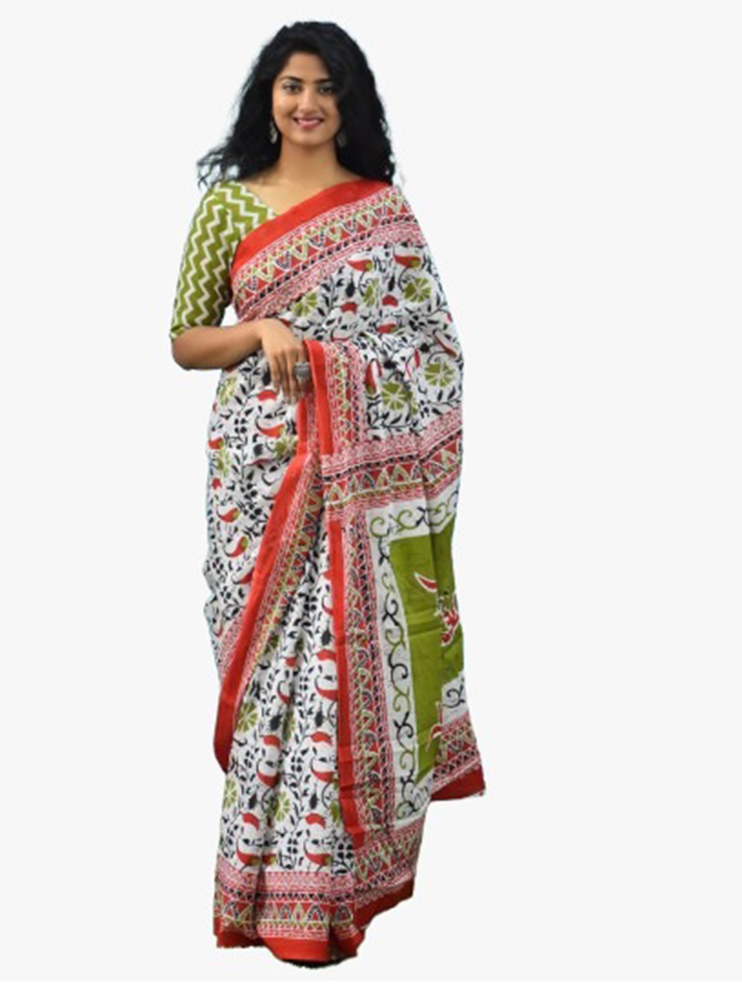 

TROPWEAR Block Print Ethnic Motifs Pure Cotton Saree, White