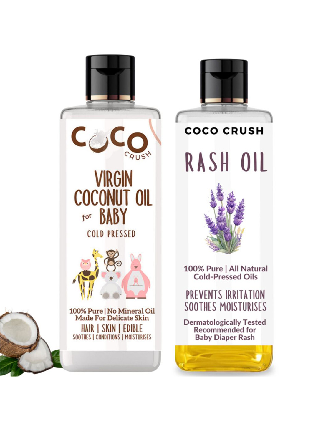 

Coco Crush Set Of 2 Natural & Virgin Coconut Oil -200 ml & Rash Oil For Babies- 200 ml, Transparent