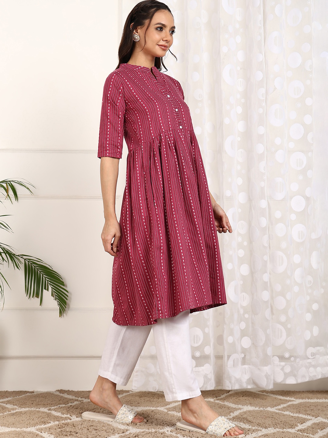 

KALINI Striped Embroidered Cotton Anarkali Kurta, Maroon