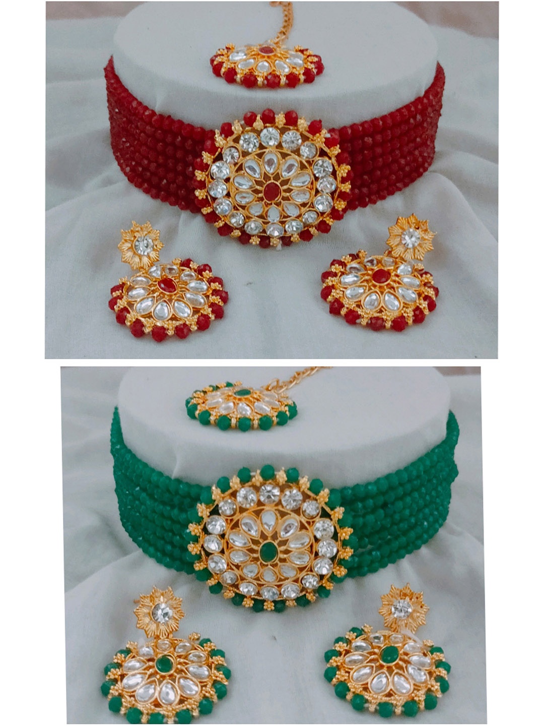 

JMBW INTERNATIONAL Set Of 2 Gold Plated Stone Studded Necklace With Earrings Maang Tika